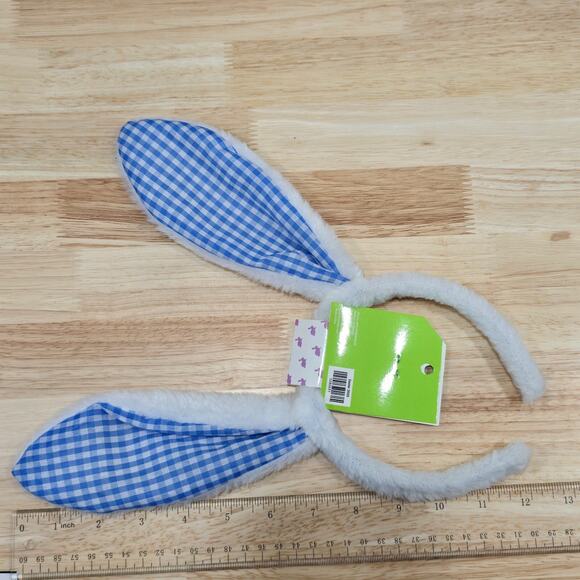 Easter Costume Cosplay Rabbit Bunny Ears Headband Blue White Plaid Wired - Picture 9 of 9